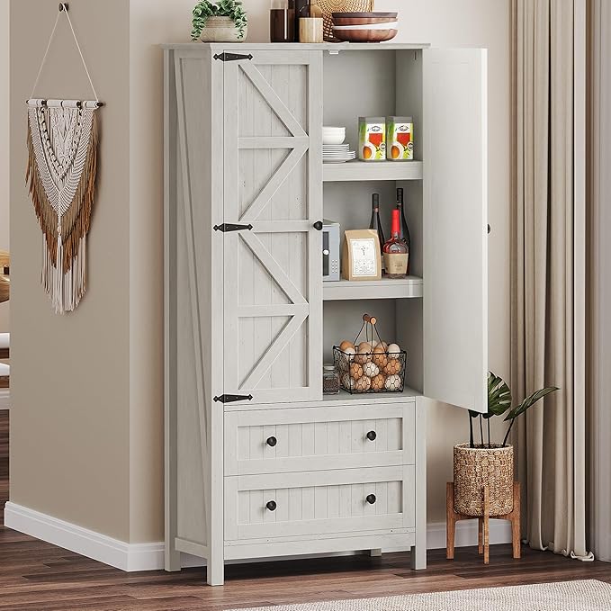 DWVO 64.5" H Kitchen Pantry Cabinet, Storage Cabinet with Barn Doors, 2 Drawers and Adjustable Shelves, Farmhouse Cupboard for Dining Room, Living Room, Bathroom, Off White