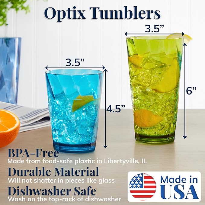 US Acrylic Optix Plastic Reusable Drinking Glasses (Set of 16) 14oz Rocks & 20oz Water Cups in Jewel Tone Colors | BPA-Free Tumblers, Made in USA | Top-Rack Dishwasher Safe