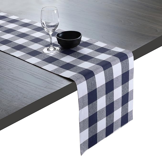 Native Fab Table Runner Buffalo Check Plaid 100% Cotton - 13x102 Inches Kitchen Dining Table Decoration for Indoor Outdoor Farmhouse Home Party Decor -Navy Blue and White