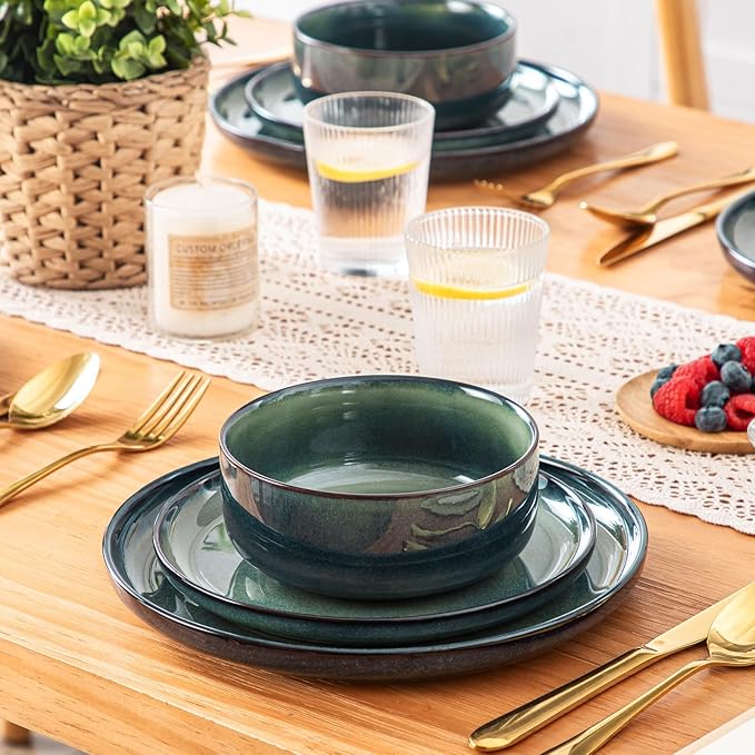 vancasso Starry 12 Pieces Dinnerware Sets for 4, Green Reactive Glaze Dishes Sets, Ceramic Plates and Bowls Set, Dinner Salad Dessert Plates, and Cereal Bowls Set, Dishwasher and Microwave Safe