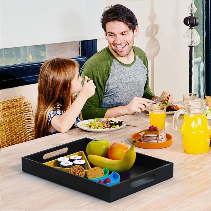 NIUBEE Acrylic Serving Tray 12x16 Inches -Spill Proof- Decorative Tray Organiser for Ottoman Coffee Table Countertop with Handles - Black