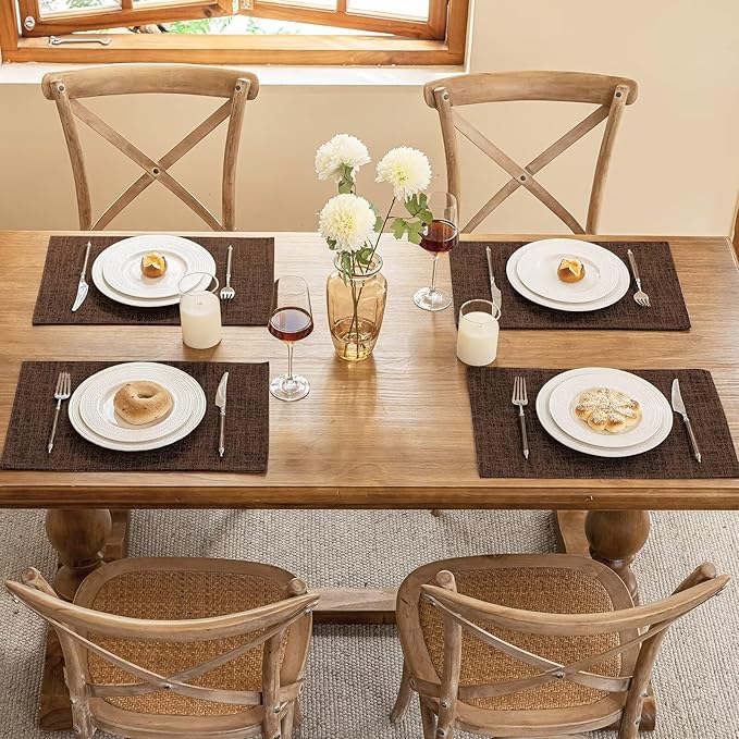 Blue Forest Placemats Set of 8, Dual-Layered Thickened Faux Linen Cloth Place Mats Heat Resistant Machine Washable Wrinkle Free Table Mats Indoor/Outdoor (Brown)
