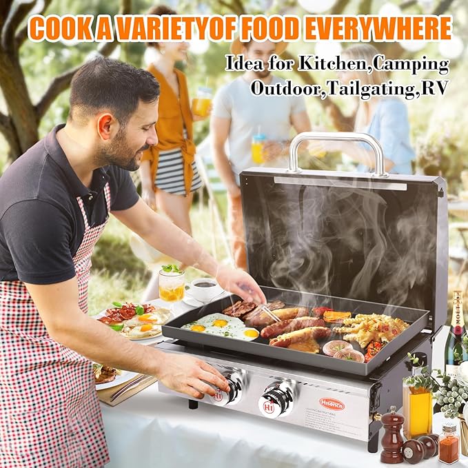 Hisencn Portable Griddle for Outdoor, Tabletop, Countertop, Kitchen, Tailgating, RV - Nonstick Camping Griddle 369 sq. in. 24000 BTUs Griddle for Gas Grill, 22 Inch with Hood, with Carry Bag