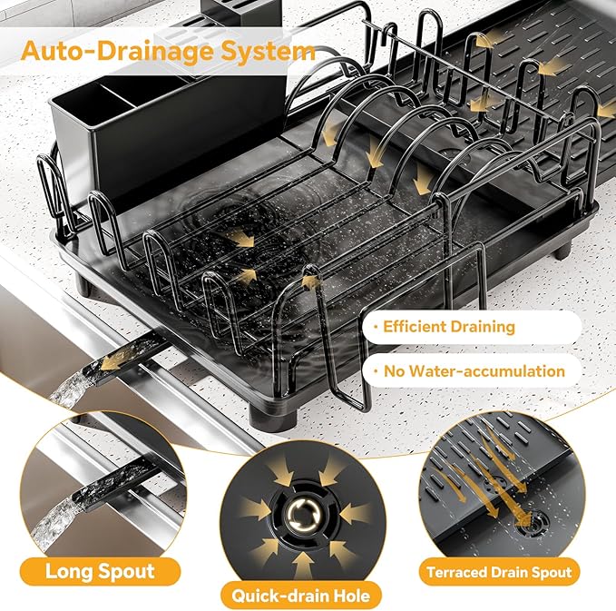 Simple Trending Extendable Dish Drying Rack, Multifunctional Dish Drainers for Kitchen Counter, Dish Strainer with Cutlery & Cup & Utensil Holder, Black