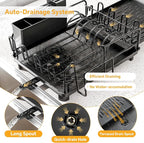 Simple Trending Extendable Dish Drying Rack, Multifunctional Dish Drainers for Kitchen Counter, Dish Strainer with Cutlery & Cup & Utensil Holder, Black