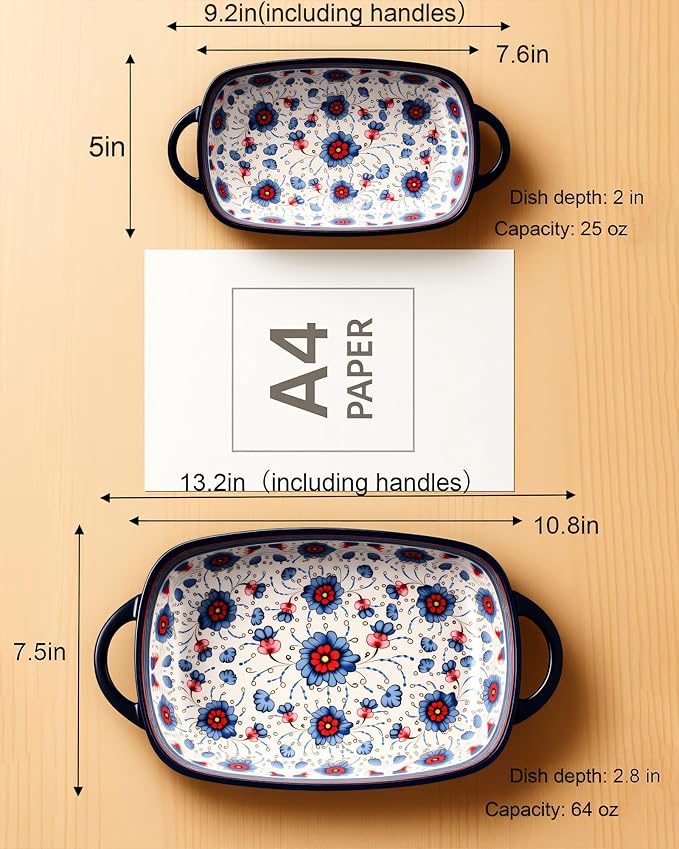 Ceramic Baking Dish Set of 2 – Decorative Polish Pottery Style Casserole Dishes with Handles, Cute Oven-Safe Lasagna Bakeware Gift Set