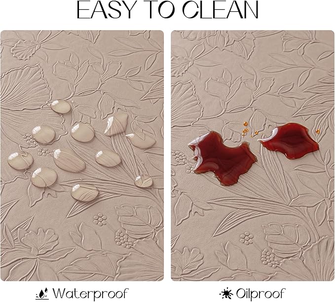 Romanstile Vinyl Placemats Set of 8-12 X 18 Inch - Heat Resistant Non-Slip Embossed Floral Place Mats 100% Waterproof Oilproof Wipeable Faux Leather Table Mats for Kitchen/Dining/Party, Khaki