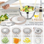 E-far Mixing Bowls with Lids and Graters, Stainless Steel Salad Mixing Bowl with Transparent Lid Set of 3, Metal Nesting Salad Storage for Kitchen Prepping/Serving/Baking, 4.6/2.6/1.5QT - Khaki