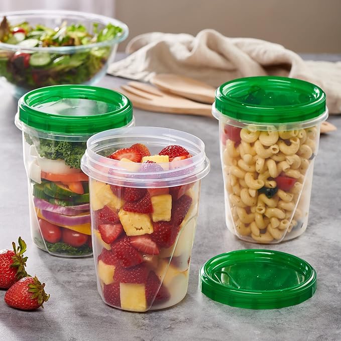 PLASTICPRO 12 Pack Twist Cap Food Storage Containers with Green Screw on Lid- 32 oz Reusable Meal Prep Containers - Freezer and Microwave Safe Green Plastic Food Storage