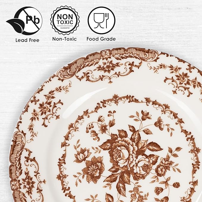 Dinner Plates Set of 6, Ceramic Kitchen Plates Microwave Safe Plates, 10.5 Inch Porcelain Dinner Plates Floral, Brown