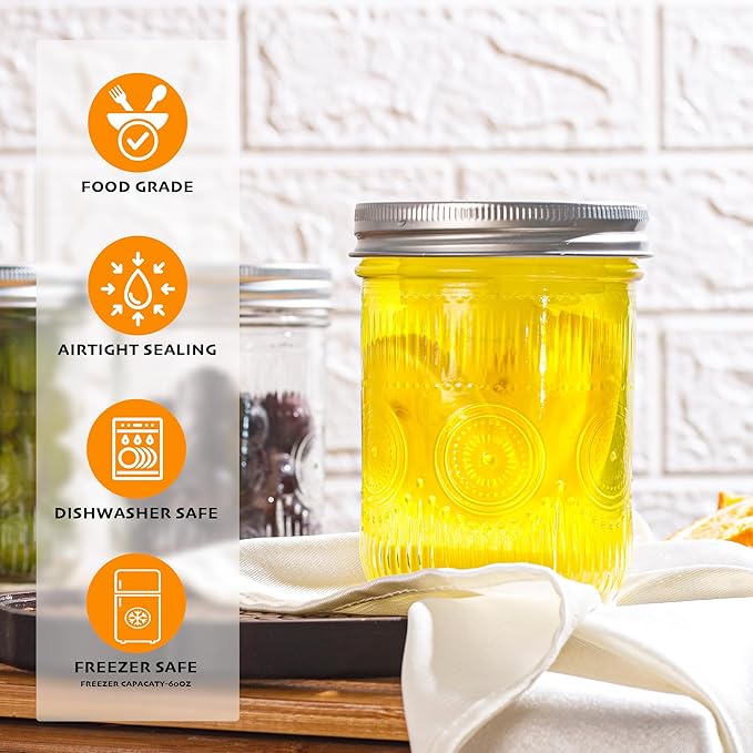 Amzcku 16oz vintage Mason Jars with Lids, Wide Mouth Canning Jar, Safe For Storage, Canning, Pickling, Preserving, Fermenting, DIY Crafts & Decor 6 Pack