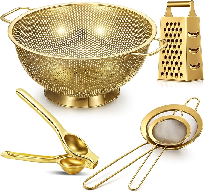 Sawysine 5 Pcs Gold Kitchen Appliances Includes 4 Quart Gold Colander and 2 Pcs Strainer Set, Lemon Squeezer, Stainless Steel 4 Sides Grater Slicer with Handle for Kitchen