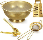 Sawysine 5 Pcs Gold Kitchen Appliances Includes 4 Quart Gold Colander and 2 Pcs Strainer Set, Lemon Squeezer, Stainless Steel 4 Sides Grater Slicer with Handle for Kitchen