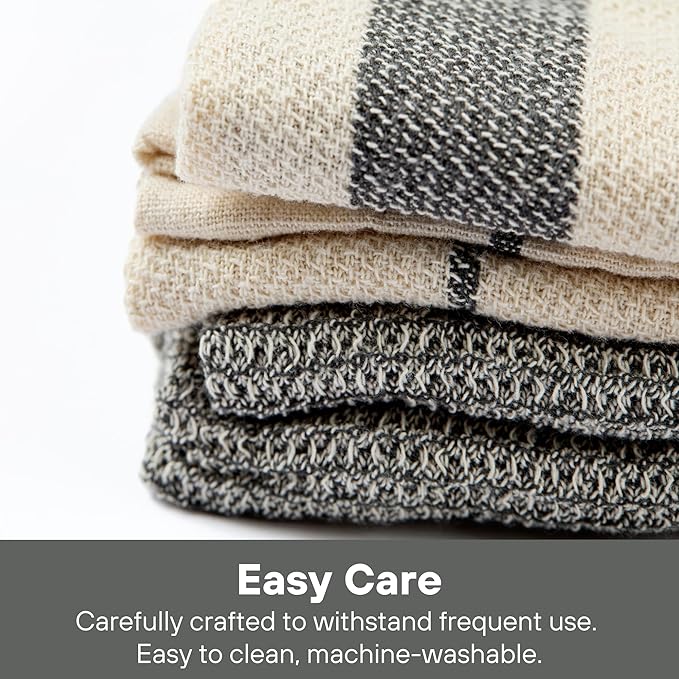 MEEMA Kitchen Towels and Dishcloths Sets of 4 | Large 18 x 28 Inch | Upcycled Cotton Tea Towel | Super Absorbent Cotton Dish Towels for Kitchen | Charcoal Stripes | Hand Towels