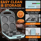 Baker's Friend Multi Stuffed Waffle Maker Thick, 4-Slice with 1.2'' Thick & 4'' Dia, Belgian Mini Waffle Maker Flip, Nonstick Breakfast Sandwich Maker, Stuffed Waffle Iron, Aqua