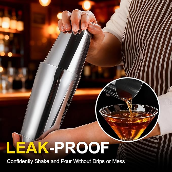 Boston Shaker Set, 18oz & 28oz 2-Piece Tins, Professional 304 Stainless Steel Cocktail Shaker with Leak-Proof Weighted Base for Bartending, Home & Bar Use (Silver)