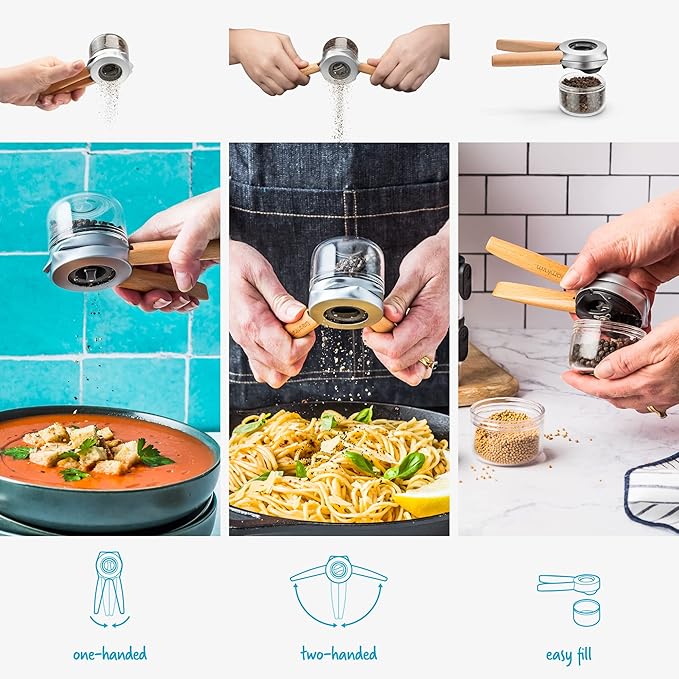 Dreamfarm Ortwo Original Ergonomic 1-or-2-Handed Re-Fillable Pepper, Spice, Seed, Coffee Mill with 6 Grind Settings - 2oz Beechwood