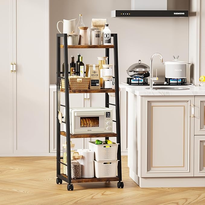 4 Tier Kitchen Storage Cart with Lockable Wheels & 6 Hooks, Mobile Utility Organizer Rolling Cart for Small Spaces, Bar Cart for Kitchen and Living Room, Rustic Brown