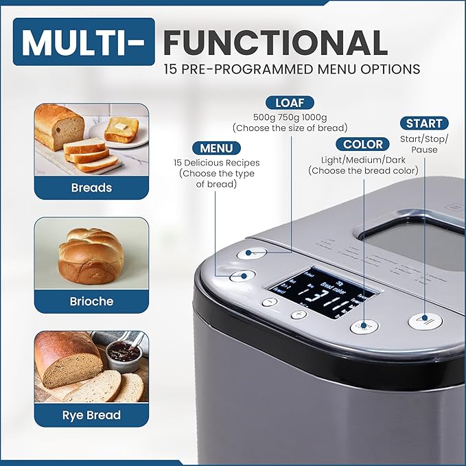 Culinary chef Bread Maker Machine with Nonstick Bowl, Bread Hook, Measuring Cup & Spoon. 15-in-1, Gluten-Free Bread, Cake& Yogurt, 3 Crust Colour options and more. 3 Loaf Sizes. 2LB XL-BLACK