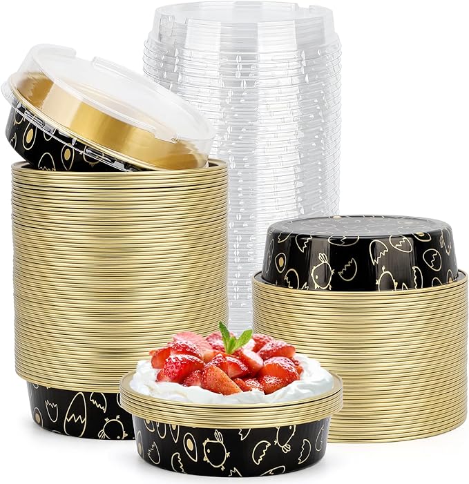 Beasea Mini Tart Pan 100 Pack with Lids, 4 Inch 8oz Gold Black Disposable Aluminum Baking Foil Tins Small Round Tart Containers for Individual Dessert Muffin Cheesecake Ramekins Quiche Oven Dishes