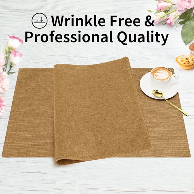 Cloth Placemats, Set of 6 Heat-Resistant Cotton Linen Blend Double Layered Machine Washable Place Mats, Wrinkle Free Thick Fabric Dining Table Mats for Indoors & Outdoors (Natural Linen, 6)