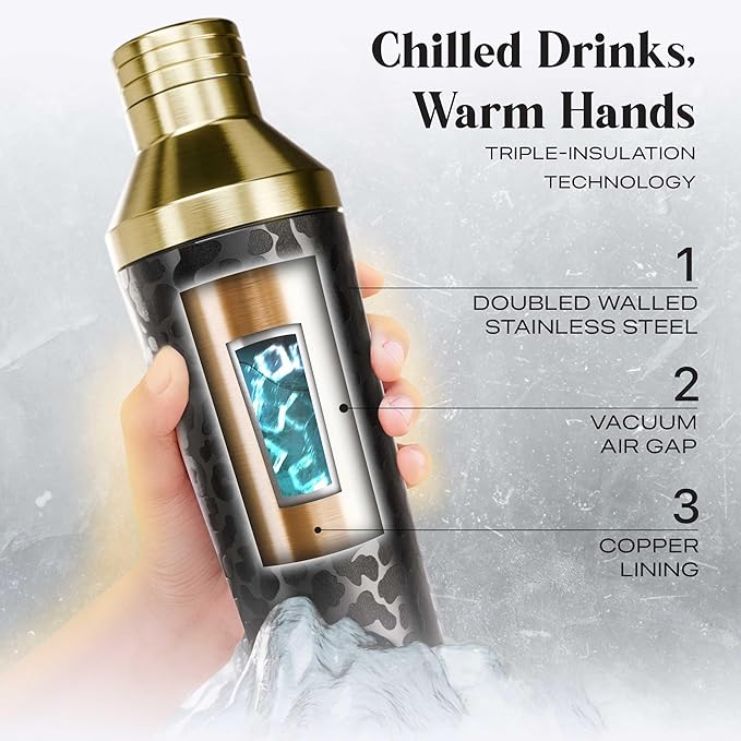 Insulated Cocktail Shaker Set | Double Wall Stainless Steel | Martini Shaker for Home Bar Bartending | Built-in Drink Measurement System & Strainer, Travel Bag, 35 Recipes | Gift Set (Leopard Gold)