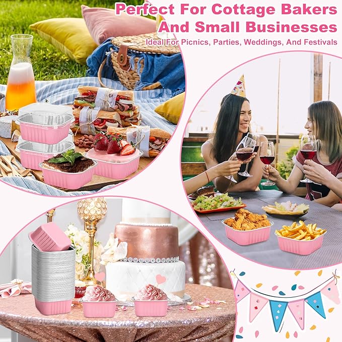 60 Pack Mini Cake Pans with Lids and Spoons, 5oz Square Aluminum Foil Loaf Pans Pink Small Cake Tins Disposable Baking Pans Dessert Cupcake Cups with Ribbon Decals for Wedding Birthday Party Picnics