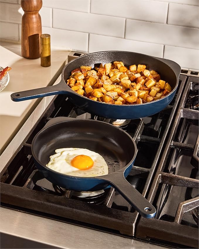 Caraway Cast Iron Skillet - 8” Enameled Cast Iron Pan With 3 Layer Enamel Coating - No Seasoning Required - Compatible With All Stovetops - Free From Forever Chemicals - Midnight Blue