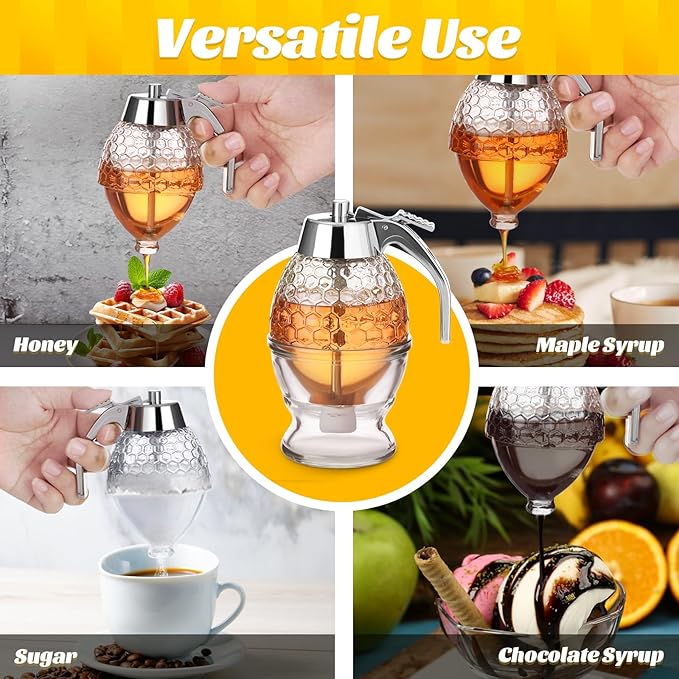 Honey Dispenser, 8oz Honey Dispenser No Drip Glass with Stand, Honey Container & Coffee Syrup Dispenser for Tea Time & Gifting, Elegant Honeycomb Honey Jar - Honey Pot Bottle for Maple Syrup Bee