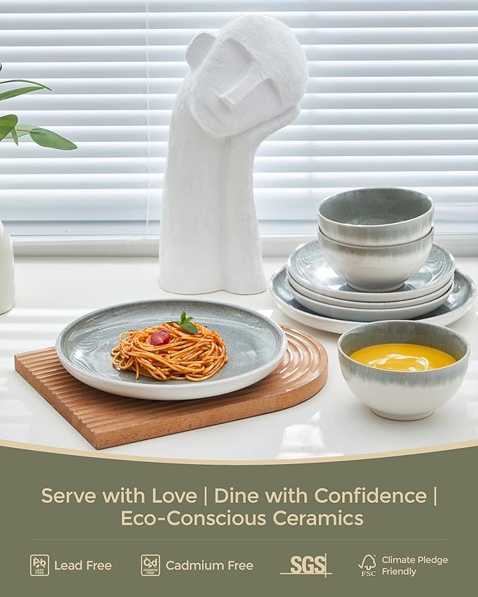 Gradient Green Stoneware Dinnerware Sets, 12 pcs Reactive Glaze Plates and Bowls Sets, Handmade Ceramic Round Dishes Set for 4, Highly Chip and Crack Resistant Modern Plate Set