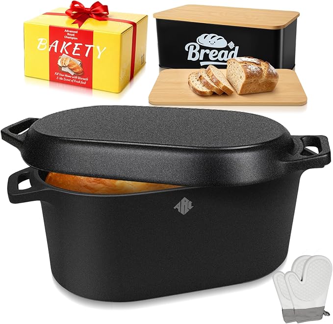 ARC Dutch Oven for Bread Baking, 3.6QT Oval Cast Iron Bread Loaf Pan with Lid, Bread oven for Sourdough, Sourdough Starter Kit Includes Bread Box & Heat-Resistant Oven Mitts