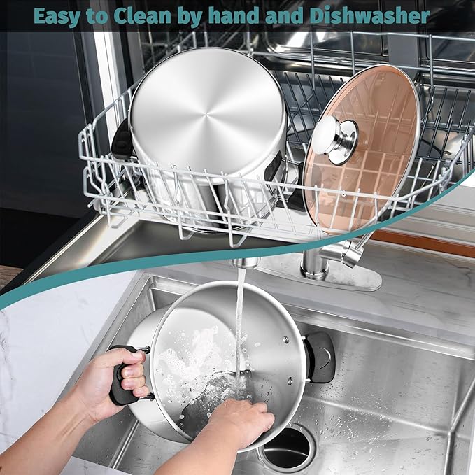 P&P CHEF Stainless Steel 3-Ply Sock Pot with Lid, Stockpot for Cooking Pasta & Stewing Soup, Fits Multi Stoves, Heat-proof Handle & Clear Lid, Heavy Duty & Dishwasher Safe, 10 Quarts