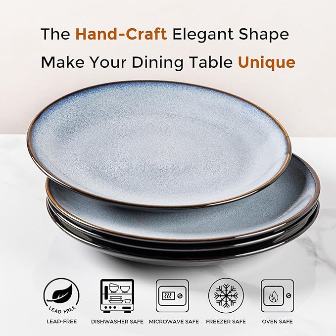 LERATIO Ceramic Dinner Plates Set of 6, 10.5 Inch Handmade Reactive Glaze Porcelain Plates, Coupe Shape Dinnerware Dishes Set for Kitchen,Oven& Microwave & Dishwasher Safe, Scratch Resistant-Gray Blue