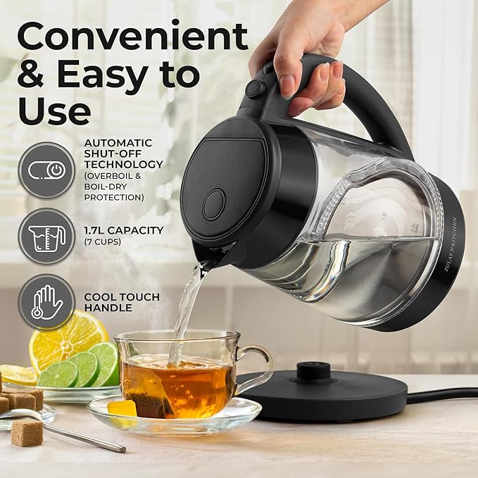 Zulay Kitchen Fast Boiling Electric Water Kettle - 1.7L, 1500W, Auto Shut-Off for Overboil & Boil Dry Protection, Cool-Touch Handle, 360° Base - Rapid Teapot Boiler For Coffee & Tea - Black Metallic