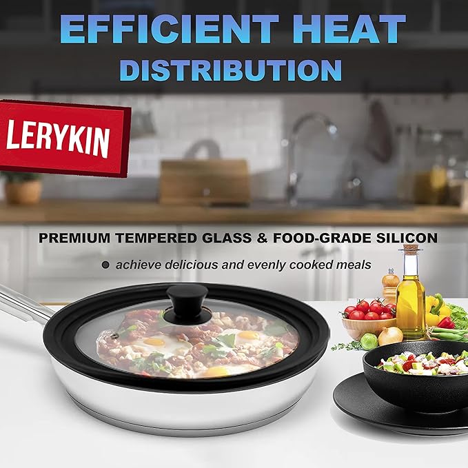 Tempered Glass Lid Set of 2 - Universal Lids with Heat Resistant Silicone Rim for Pots, Pans and Skillets - Pan Cover Replacement Lids Fit 6.5", 7", 8" and 9.5", 10", 11" Diameter Cookware