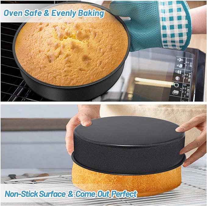 TeamFar 9½ Inch Cake Pan Set of 3, Layer Round Baking Cake Pans for Birthday Wedding Party, Stainless Steel Core & Black Nonstick Coating, Healthy & Heavy Duty, 2 Inch Deep & Easy Clean