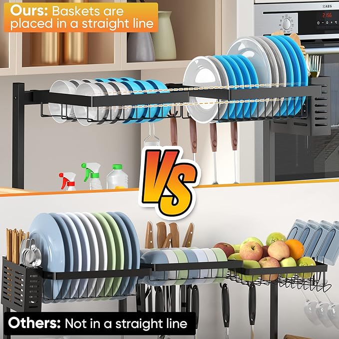 PUSDON Over Sink Dish Drying Rack Stainless Steel, Adjustable Large Dish Drainer for Storage Kitchen Organization Black 2 Tier-Simplified(26"-38")