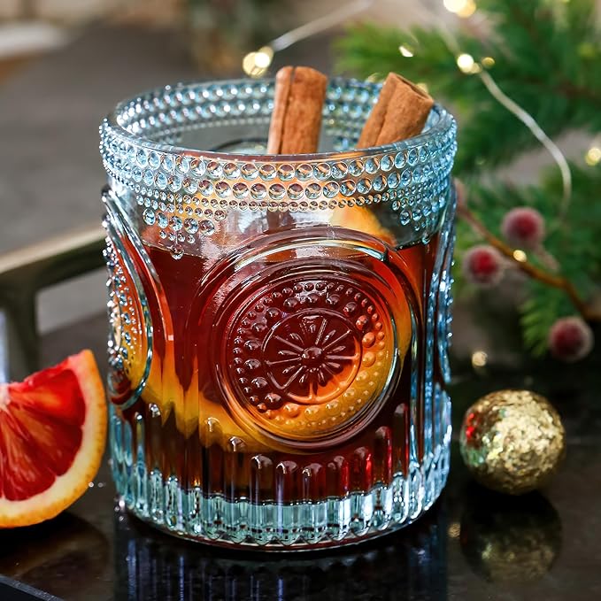 Kate Aspen Ribbed Retro Arch Floral Aqua Blue Drinking Glasses Set of 6, (10 oz) Vintage Glassware Set Cocktail Glass Set, Juice Glass, Water Cups | Great Hostess Gift & Gift for New Home Owners