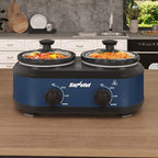 Double Slow Cooker,2 Removable Pots Small Mini Crock Buffet Server and Warmer with Adjustable Temp, Visible Glass Lids, Dishwasher Safe, 2 x 1.25 Quart, Blue