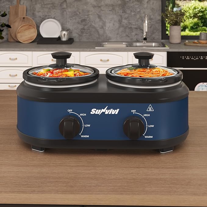 Double Slow Cooker,2 Removable Pots Small Mini Crock Buffet Server and Warmer with Adjustable Temp, Visible Glass Lids, Dishwasher Safe, 2 x 1.25 Quart, Blue