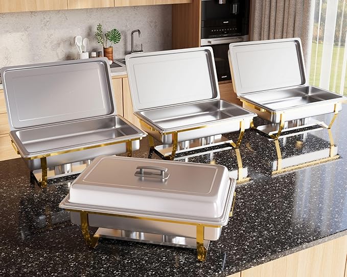 4 Pack 8QT Chafing Dish Full Set – Stainless Steel Catering Chafer with Lids, Pans & Fuel Holders – Buffet Food Warmers for Parties, Events & Weddings – Gold Frame