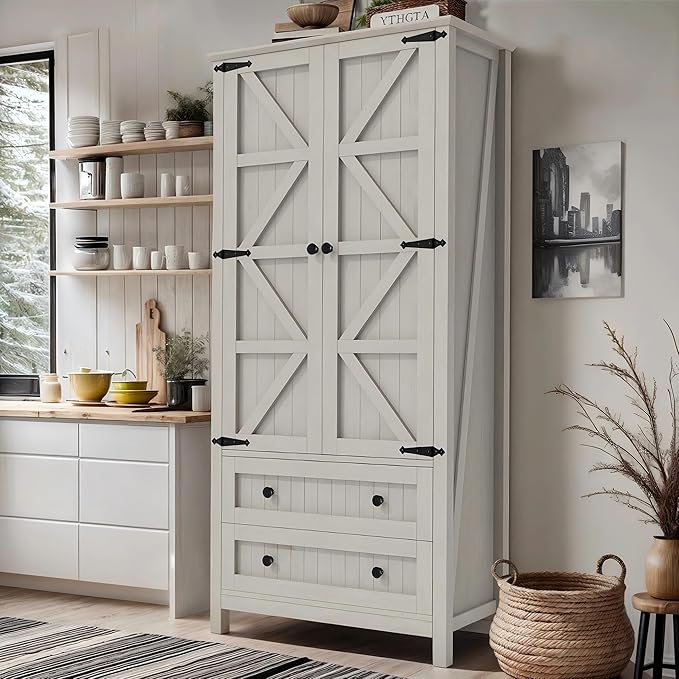 DWVO 64.5" H Kitchen Pantry Cabinet, Storage Cabinet with Barn Doors, 2 Drawers and Adjustable Shelves, Farmhouse Cupboard for Dining Room, Living Room, Bathroom, Off White