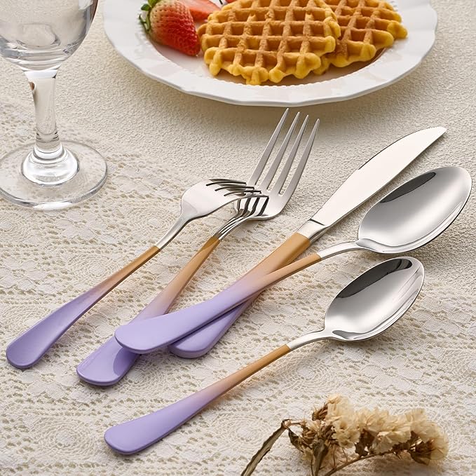 20-Pieces Color Silverware Sets for 4,Purple and Orange Handle Stainless Steel Cutlery Set, Include Forks Spoons and Knives Set, Dishwasher Safe Utensil Sets for Home Restaurant