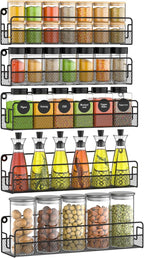 Wall Mounted Spice Rack Organizer, Pantry Door Organizer & Hanging Storage Baskets, Metal Spice Shelf for Kitchen Cabinet, 3 Depth Sizes Hold Large Jars to Nail Polish Bottles, 5 Pack