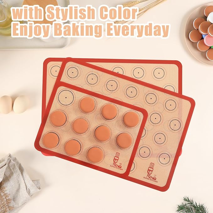 Folksy Super Kitchen Silicone Macaron Baking Mat - Set of 3 (2 Half Sheet and 1 Quarter Sheet), Non Stick Silicon Oven Liner For Macaroons and Cookies (16.5x11.6, Red)