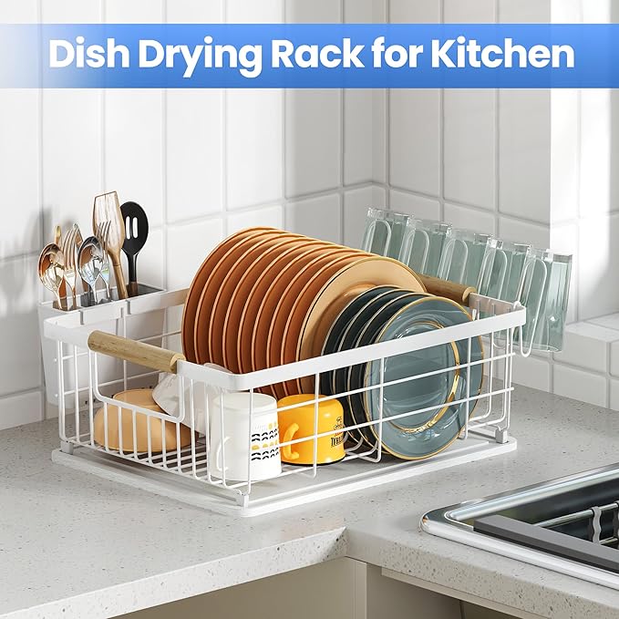 Dish Drying Rack White with Diatomaceous Earth 1 Tier,Multifunctional Dish Racks for Kitchen Counter Quick-Drying,Large Capacity Space Saving with Cutlery Cups Holder