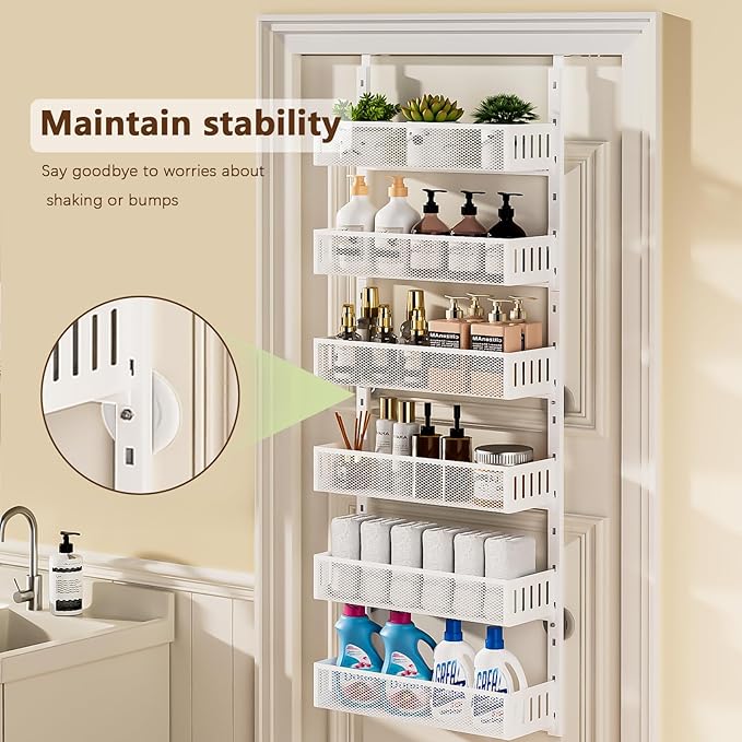 6-Tier Over The Door Pantry Organizer with Mesh Baskets, Adjustable & Stable Hanging Spice Rack for Kitchen, Bathroom, Bedroom, and Baby Essentials Storage (16" W 6-Tiers, White)