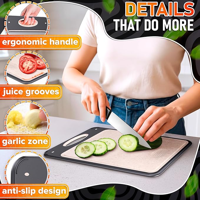 Stainless Steel Cutting Board 16x11 – 304 Stainless Steel Cutting Boards for Kitchen | Easy Grip Handle, Easy to Clean – Double Sided with PP Wheat Straw for Raw Meat, Chopping Fruits & Vegetables