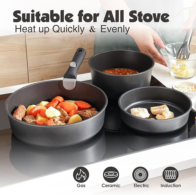 SENSARTE 24 Piece Pots and Pans Set, Nonstick Detachable Handle Cookware, Induction Kitchen Cookware Set with Removable Handle, Healthy Non Stick for RV, Dishwasher＆Oven Safe (Black)
