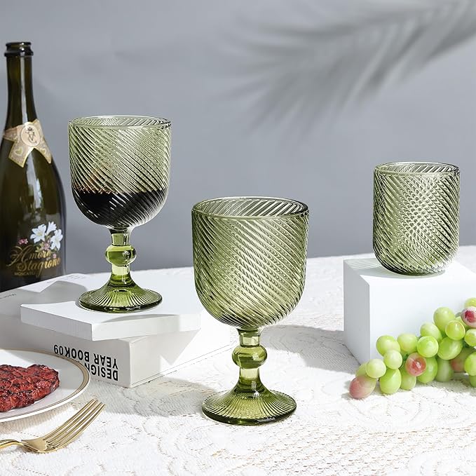 Joeyan Vintage Colored Glass Goblet,Green Ribbed Embossed Wine Glasses Water Drinking Glasses,Stemmed Wine Glassware for Christmas Party Wedding Table Decor,12 oz,Set of 4,Dishwasher Safe